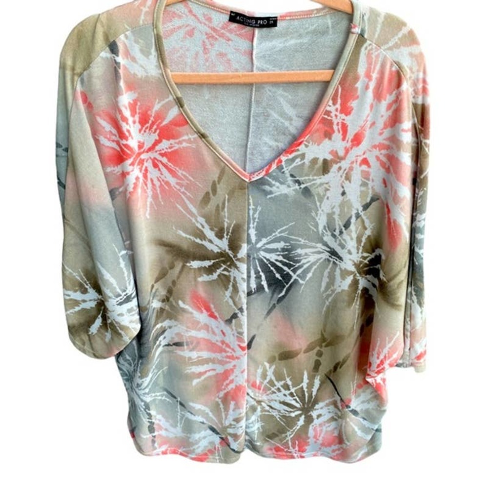 Acting Pro Knit Top Womens Plus Size 2X XXL Brown Pink Firework 3/4 Sleeve
